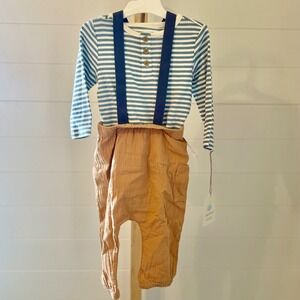 Kids Blue Stripe Long Sleeve Bodysuit Tan Suspender‎ Pants Set 9 Months